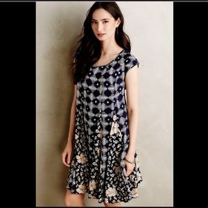 Anthropologie Maeve Blue Floral Cap Sleeve Pleated Swing Dress - Size Small